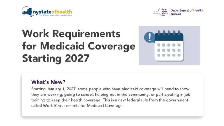 New York State Department of Health graphic: Work Requirements for Medicaid Coverage Starting 2027